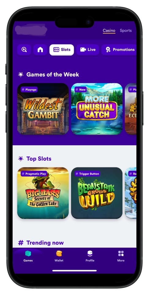 67bd অ্যাপ ইন্টারফেসের স্ক্রিনশট—ইন্টুইটিভ মেনু ও গেম পছন্দসহ